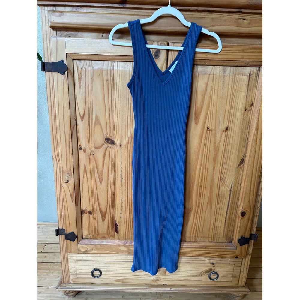 Abound Blue Ribbed Knit V-Neck Midi Dress Sleeveless Bodycon Womens XS